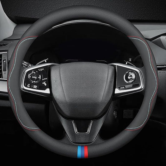 HAOTULE New Nappa Leather car Steering Wheel Cover, Universal 15 inch Black