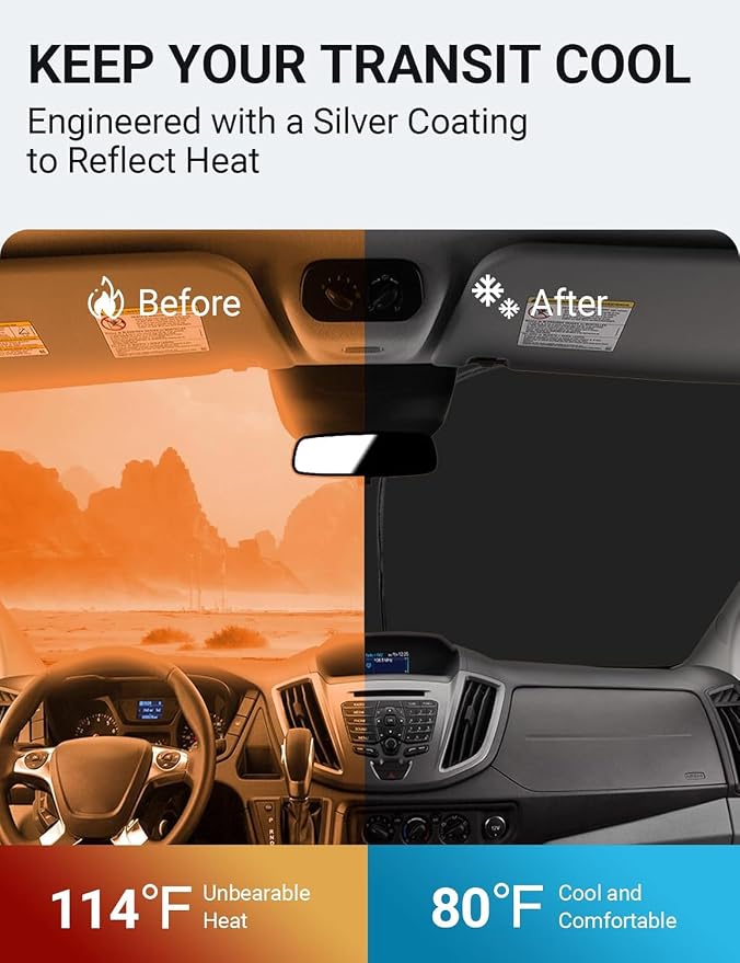 Proadsy Windshield Sun Shade for 2015-2025 2026 Ford Transit 4-Layer Foldable Front Sunshade Protector Sun Visor Blocks UV Rays Keep Car Cooler