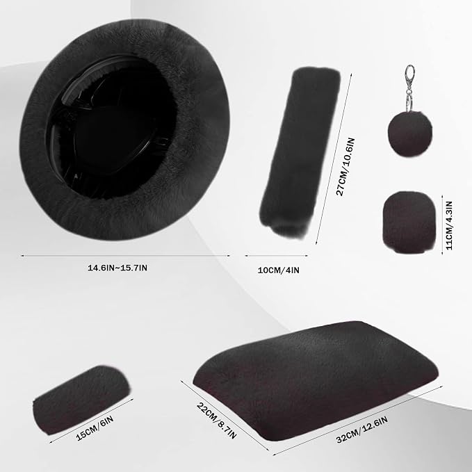 7PCS Set car Interior Aesthetic Accessories, Fluffy 15 inch Steering Wheel Cover, armrest pad, seat Belt Cover,Gear Shift Cover, Fit Girly car Accessories for Women.