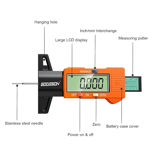 GODESON Tire Tread Depth Gauge,Digital Tire Tread Depth Gauge with Color-Coded Bar,Tread Depth Gauge in 1 Inch/25.4 mm,Tire Depth Gauge with Large LCD Display Suitable for All Vehicle Tires-Orange