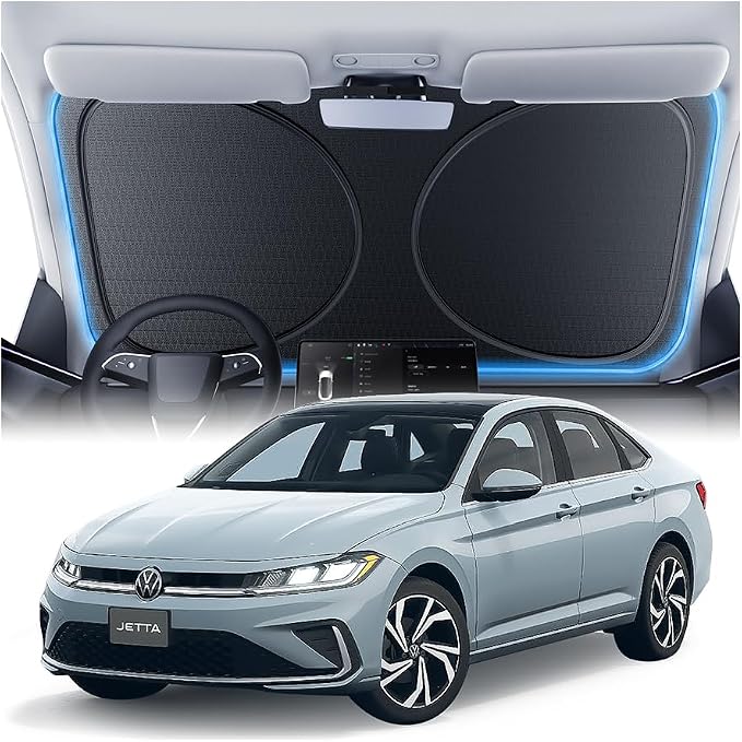 Windshield Sun Shade for Volkswagen Jetta 2000-2025, Custom Fit Sunshade, 100% UV Block & Heat Insulation, Foldable Car Sunshade with Storage Bag, Protect Interior Accessories