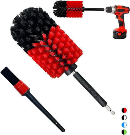 Wheel Brush Kit, Soft Drill Wheel Cleaner Brush, No Scratches Highly Dense Car Cleaning Brush Set for Wheels, Rims, Engines, Exhaust(Red/Black,2Pcs)
