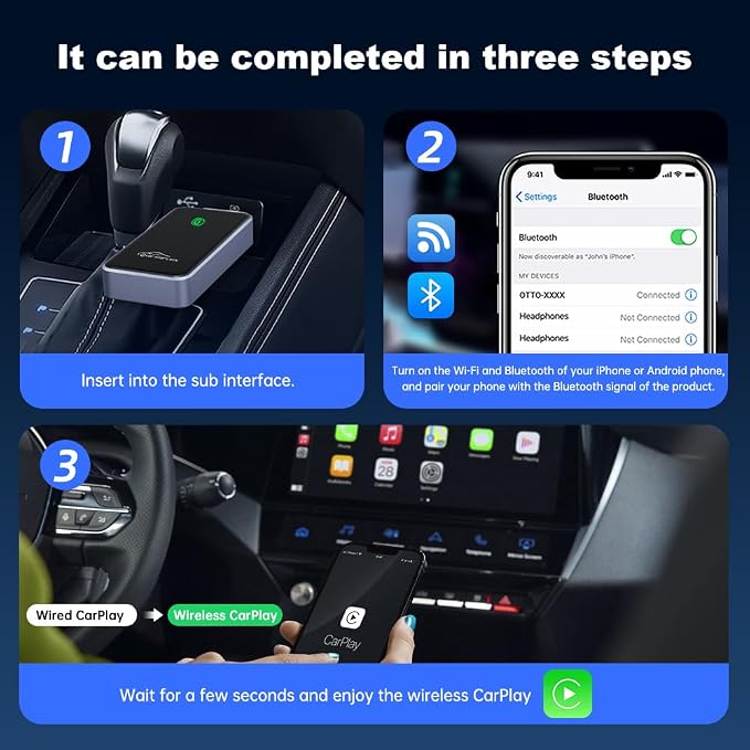 Wireless CarPlay Adapter for iPhone, CarPlay Dongle Converts Wired to Wireless Carplay, Plug & Play Mini Size CarPlay Adapter Compatible with iOS 10+, Bluetooth 2.4GHz and Wi-Fi 2.4+5.8GHz