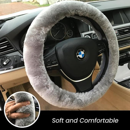 Andalus Brands Luxury Fluffy Car Steering Wheel Covers – Genuine Merino Sheepskin, Soft Fuzzy Car Steering Wheel Cover for Women, Universal 14.5-15" Size, Plush Fur Cute Auto Accessories, Gray