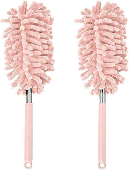 Zpana 2PCS Car Interior Duster with Extension Pole, Soft Chenille Retractable Washable Dash Detailing Cleaner, Auto Window Cleaning Brush Duster for Interior Exterior, Universal Fit (Pink)