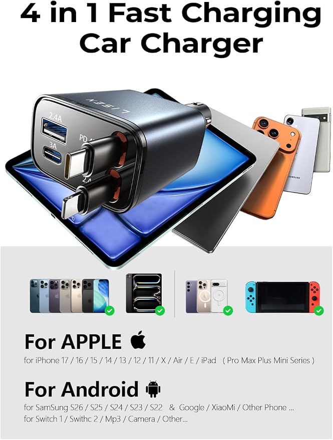 LISEN Retractable Car Charger, 84W Car Charger USB C Fast Charger, Cigarette Lighter USB Charger Adapter, Car Accessories Birthday Gifts for Men Women Dad Mom Husband, for iPhone 17 16 15 14 13 12 11