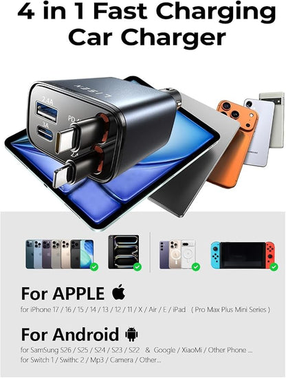 LISEN Retractable Car Charger, 84W Car Charger USB C Fast Charger, Cigarette Lighter USB Charger Adapter, Car Accessories Birthday Gifts for Men Women Dad Mom Husband, for iPhone 17 16 15 14 13 12 11
