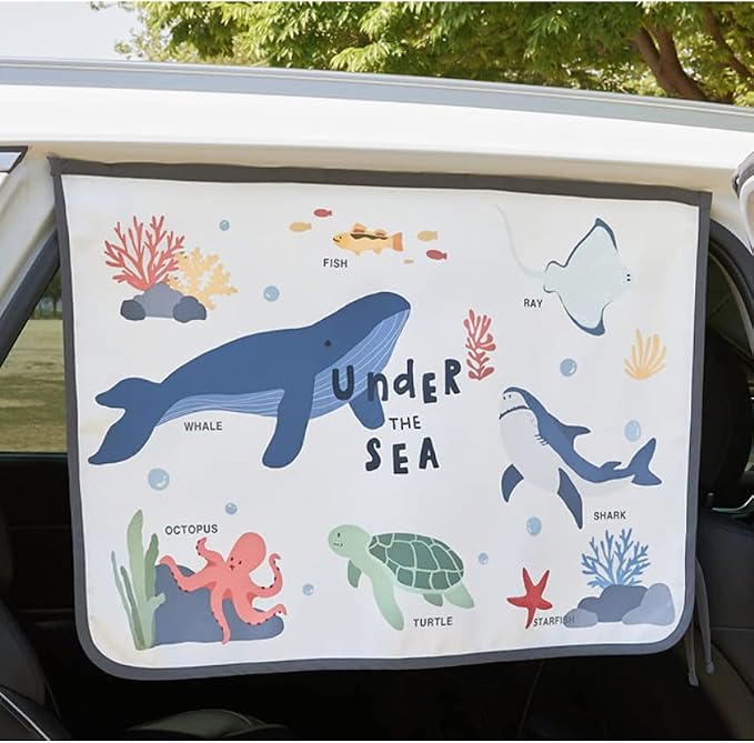 Magnetic Car Sun Shade Curtain for Side Window – Sun Blocker and UV Protector for Baby, Kids, and Pets – Universal Fit with Built-in Magnets for Steel-Framed Door (Sea Friends)