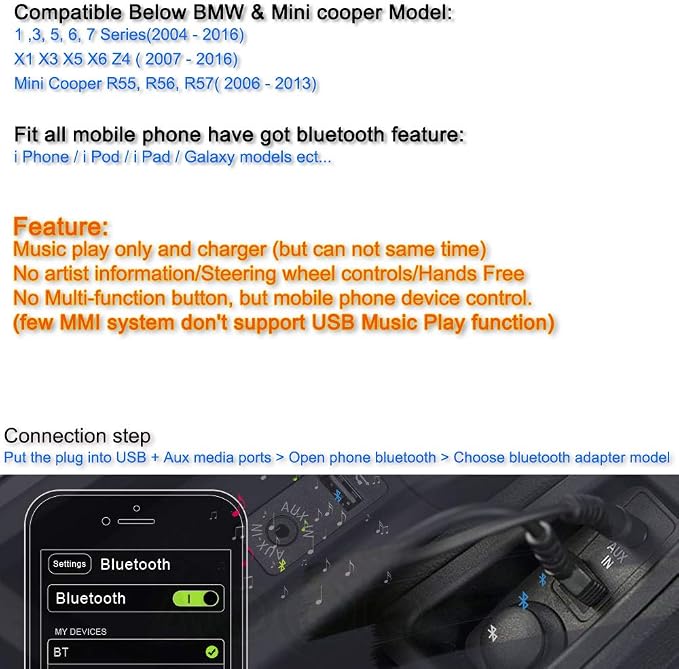 Bluetooth Adapter Compatible with Mini Cooper BMW Car Apple Android Phone Music AUX 3.5 Wireless Cable Capable Devices