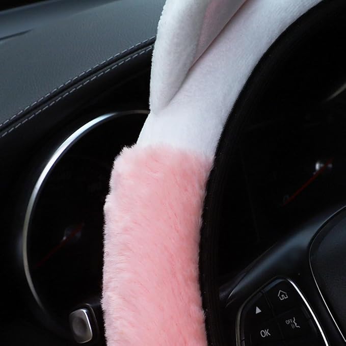 Bittwee Car Steering Wheel Cover, Fluffy Soft Plush for Winter Warm, Cute Steering Wheel Protector with Kitty Cat Ears, Universal 15 Inch, Elastic & Anti-Slip, Lovely Decor Car Accessories (Pink)