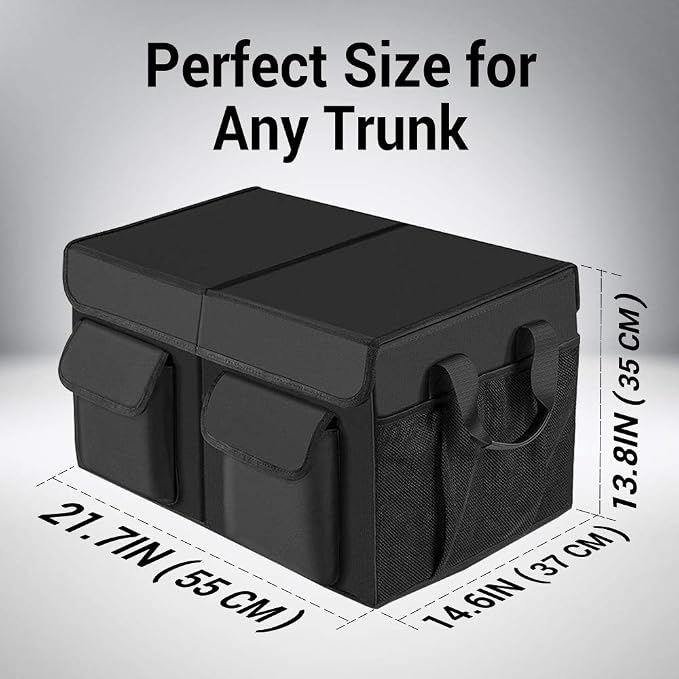 MIU COLOR Car Trunk Organizer with Lid, Collapsible Car Storage Organizer with Reinforced Leather Handles, Non-Slip Bottom, Trunk Organizer for SUV, Van, Jeep (Black with Strap, Extra Large)