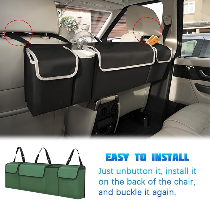Car Trunk Organizer with Lid, Large Waterproof Vehicle Backseat Hanging Storage Bag with 4 Pockets & Adjustable Straps, Collapsible Automotive Interior Cargo Bag, Universal Fit (Green)