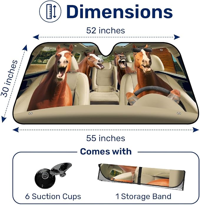 GENANY Horse Windshield Cover for Car SUV Truck (55x30 Inches), Foldable Heat Shield, Shades for Front Windows, Protector Blocks UV, Car Decor