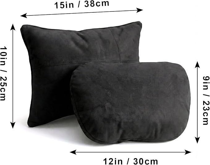 2PCS Car Pillow for Car Neck Pillow for Driving Seat Neck Support Soft Cushion Back Support Head-Rests for Vehicle Sleeping with Elastic Adjustment Strap (Black, Head and Lumbar)