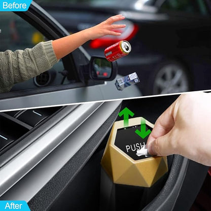 Car Trash Can with Lid, Mini Portable Auto Garbage Can, Small Leakproof Diamond Design Trash Dustbin, Waterproof Vehicle Rubbish Bins for Automotive Car, Home, Office, Kitchen, Bedroom (Gold,1)
