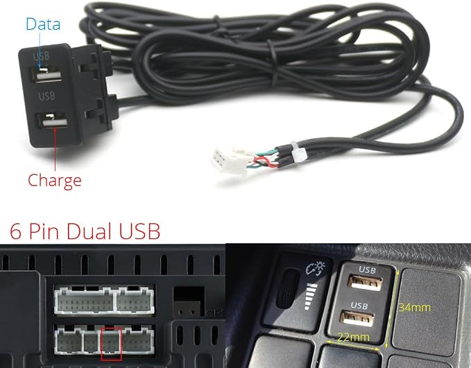 Car Dash Flush Mount 4 6Pin Dual Type-C USB Port Switch Panel 3.5mm AUX for RCA Interface Cable Adapter Android Multimedia Head Unit - (Color Name: I)