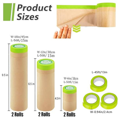 Paint Masking Paper, 6 Pack Tape and Drape Painters Paper, Assorted Size Masking Paper for Painting Car and Auto Body,Floor Protection, Wall Covering(Each Roll 50 Feet)
