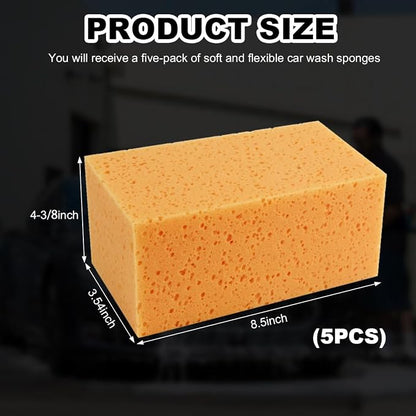 5PCS Car Wash Sponges, 8.5"×4.4"×3.5" Large Extra Soft Coral Non Scratch Sponge, Car Cleaning Cellulose Sponge Thick Foam Pad for Washing Window Sensitive Surfaces (Coffee)