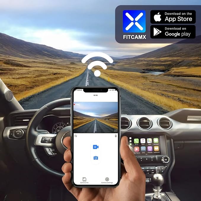 Fitcamx Dual 2160P+1080P Dash Cam Adapts for Ford Mustang 2019-2023 (HD2-0141/ with Sensor Cover), OEM Style, 2 Channel HD Video, WiFi & APP, Loop Recording, G-Sensor, Plug & Play, 128GB Card
