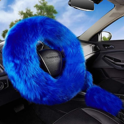 Yontree Fashion Fluffy Steering Wheel Covers for Women/Girls/Ladies Australia Pure Wool 15 Inch 1 Set 3 Pcs (Blue)