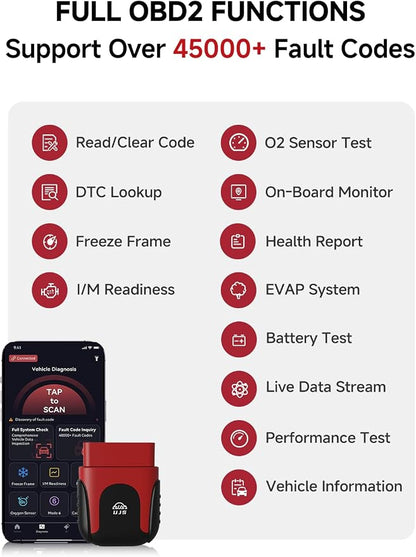 Rocco OBD2 Scanner Bluetooth for iOS Android, AI Diagnostic Tool for Car Buying Repair, No Subscription Fee, AutoVIN, 45000+ Fault Codes, Check & Clear Engine Codes, Real-Time Data, Vehicles 1996+