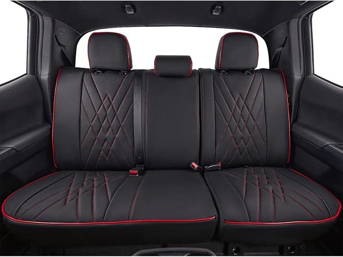 EKR Custom Fit Tacoma Rear Car Seat Covers for Toyota Tacoma (Petrol) 2024 2025 2026 Double cab SR/SR5/TRD Sport/TRD Off-Road/Limited - Second Row Only,Faux Leather(Black with Red Trim)
