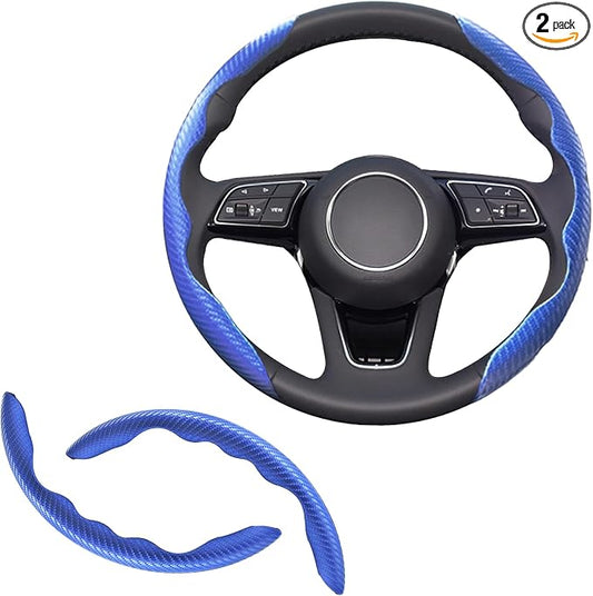 2pcs Universal Fit Carbon Fiber Steering Wheel Cover, Anti-Skid Steering Wheel Cover/Segmented Steering Wheel Protector/Car Interior Accessories (Blue)