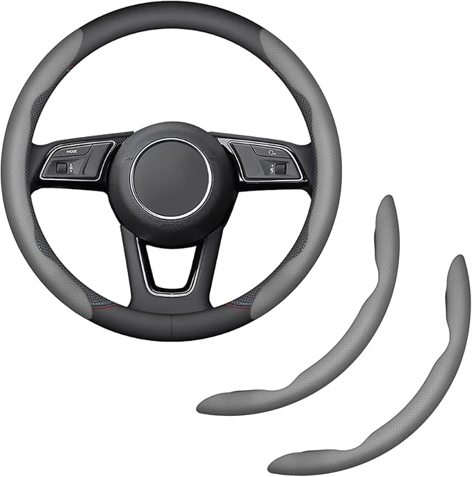 2-Piece Steering Wheel Cover, Carbon Fiber Segmented Steering Wheel Protector, Universal and Anti-Slip Durable Car Leather Protective Cover, Car Interior Accessories for Women and Men (Gray)