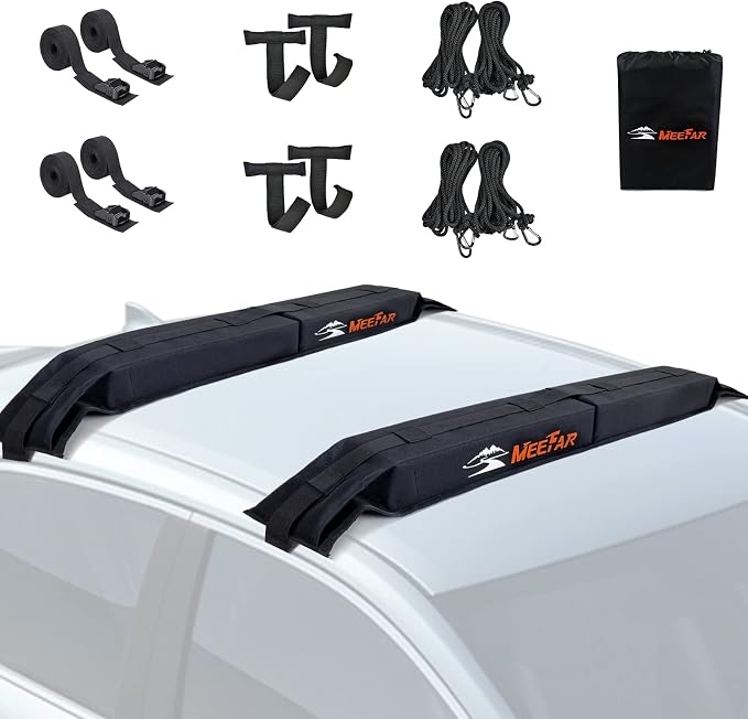 MeeFar Universal Car Soft Roof Rack Pads Luggage Carrier System for Kayak Surfboard SUP Canoe Include 2 Heavy Duty Tie Down Straps, 4 Tie Down Rope, 4 Quick Loop Strap and Storage Bag