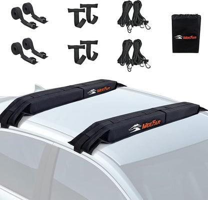 MeeFar Universal Car Soft Roof Rack Pads Luggage Carrier System for Kayak Surfboard SUP Canoe Include 2 Heavy Duty Tie Down Straps, 4 Tie Down Rope, 4 Quick Loop Strap and Storage Bag