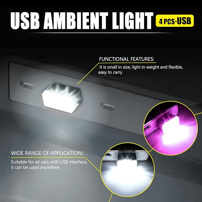 4 PCS USB LED Car Interior Atmosphere Lamp, Portable Mini Auto LED Decor Night Light, Plug-in USB Interface Ambient Lighting Kit, Universal Car Interior Accessories(White+Purple)
