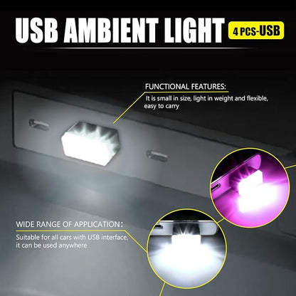 4 PCS USB LED Car Interior Atmosphere Lamp, Portable Mini Auto LED Decor Night Light, Plug-in USB Interface Ambient Lighting Kit, Universal Car Interior Accessories(White+Purple)