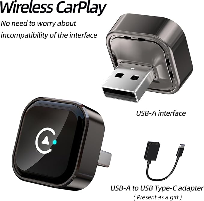 Car Wireless CarPlay Adapter for iPhone Mini Plug and Play for with Factory Wired Apple CarPlay, Fast & Stable Connection, Wide Vehicle Compatibility USB & USB C Android Auto