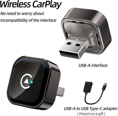 Car Wireless CarPlay Adapter for iPhone Mini Plug and Play for with Factory Wired Apple CarPlay, Fast & Stable Connection, Wide Vehicle Compatibility USB & USB C Android Auto