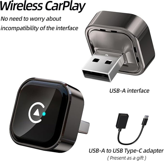 Car Wireless CarPlay Adapter for iPhone Mini Plug and Play for with Factory Wired Apple CarPlay, Fast & Stable Connection, Wide Vehicle Compatibility USB & USB C Android Auto