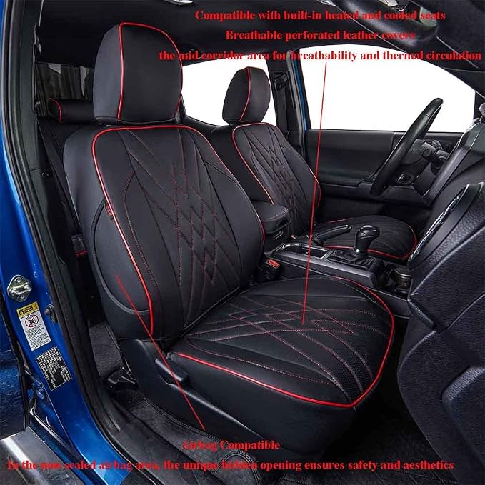 EKR Custom Fit Tacoma Front Car Seat Covers for Toyota Tacoma 2016 2017 2018 2019 2020 2021 2022 2023 Double Cab/Access Cab - Front Row Only, Faux Leather(Black with Red Trim)