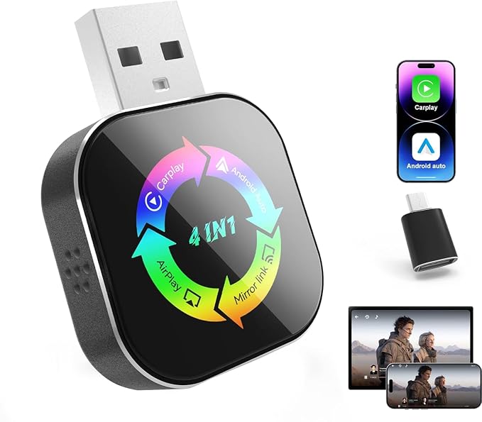 2026 Upgraded Wireless Carplay Adapter, 4 in 1 Screen Mirroring Support Mirror Link/AirPlay for Apple CarPlay & Android Auto