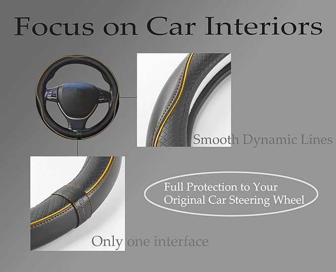 Gomass Car Steering Wheel Cover, Anti-Slip, Safety, Soft, Breathable, Heavy Duty, Thick, Full Surround, Sports Style (Black with Yellow Line)