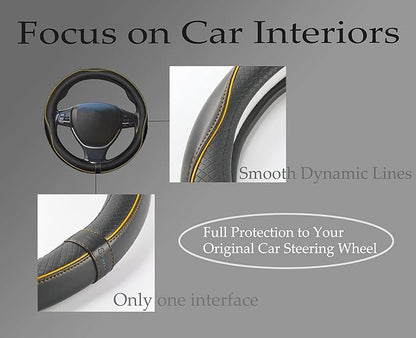 Gomass Car Steering Wheel Cover, Anti-Slip, Safety, Soft, Breathable, Heavy Duty, Thick, Full Surround, Sports Style (Black with Yellow Line)