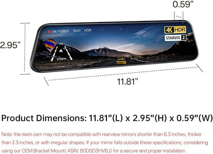Pelsee S12 Pro Mirror Dash Cam with STARVIS 2 Sensor, Rear View Mirror Camera 5.8GHz WiFi, 4K Front and 1080P Rear Backup Camera for Car, ADAS, Voice Control, Color Night Vision, 64G Meomory Card