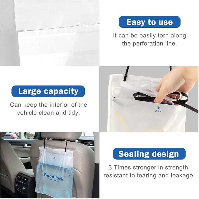 100 PCS Disposable Car Trash Bags Hanging, Leak-proof, Odor Seal, Hanging Garbage Bags, Hanging from Headrest/Easy Stick-On Trash Can for Car, SUV, Truck, Stroller Camping(White)