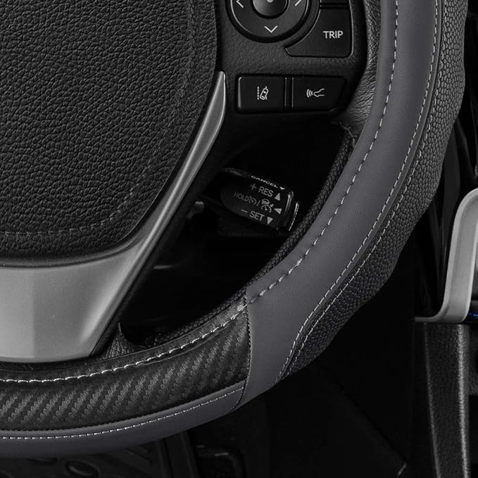 Motor Trend UltraSport Gray Carbon Fiber Steering Wheel Cover, Standard 15 inch Size, Black Faux Leather Comfort Grip, Car Steering Wheel Cover for Auto Truck Van SUV