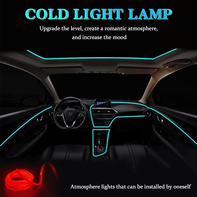 EL Wire Car Interior LED Strips Lights, 16FT 5V USB Auto Neon Light Strip, Electroluminescent Vehicle Interior Ambient Lighting Decor Accessories, Universal for RV, SUV, Truck (Red)