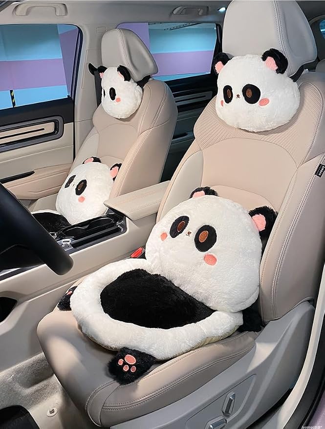 Cartoon Car Seat Cushion Lumbar Support Pillow and Neck Pillow, Cute Car Seat Pillow Headrest Pillow Back Support for Driving Fatigue Relief,for Office Chair Truck SUV (Panda Lumbar)