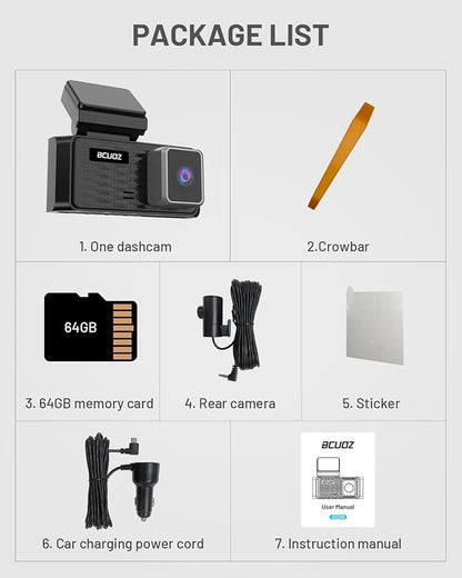 BCUOZ 4K Dual Dash Cam Front and Rear, GS200 170° Wide Angle Night Vision with 3.39” IPS Touchscreen, WiFi App Control, Night Vision, G-Sensor Loop Recording, 64GB Card Included Parking Monitoring