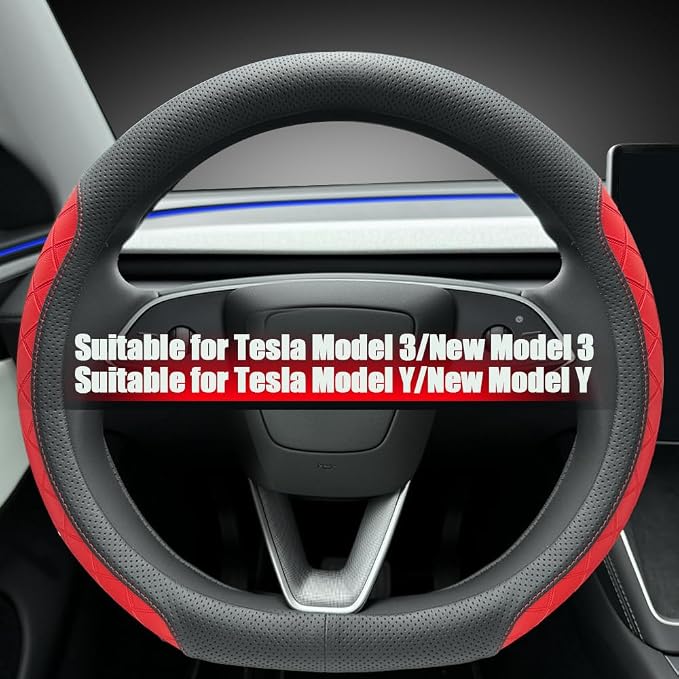 LKWLIKEI Leather Steering Wheel Cover. Elegant Diamond Checkered Design, Non-Slip and Breathable, for Tesla Model 3/Y Steering Wheel Protector,Black Red