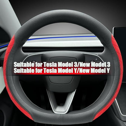 LKWLIKEI Leather Steering Wheel Cover. Elegant Diamond Checkered Design, Non-Slip and Breathable, for Tesla Model 3/Y Steering Wheel Protector,Black Red