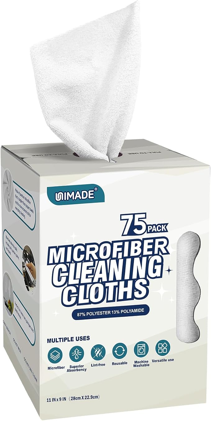 UNIMADE Microfiber Cleaning Cloth, 75 Sheets Microfiber Towels for Cars Commercial Grade Washcloths Lint-Free Bulk Shop Towel Cleaning Rags for Household Restaurant Garage Housekeeping, 11"x 9", White
