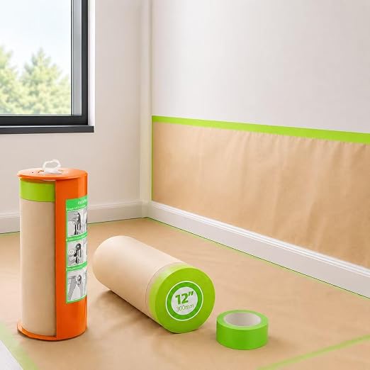 Pre-Taped Masking Paper with Dispenser - 12" x 50' Painters Paper and Tape for Painting House, Furniture, Cars Auto Body (1 Dsp 1Tape 2 Refills: 12" x50')