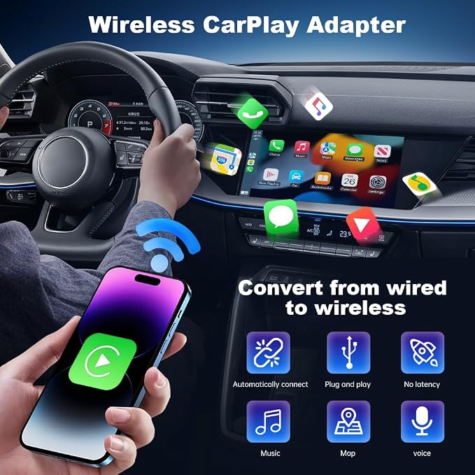 Wireless CarPlay Adapter for iPhone, CarPlay Dongle Converts Wired to Wireless Carplay, Plug & Play Mini Size CarPlay Adapter Compatible with iOS 10+, Bluetooth 2.4GHz and Wi-Fi 2.4+5.8GHz